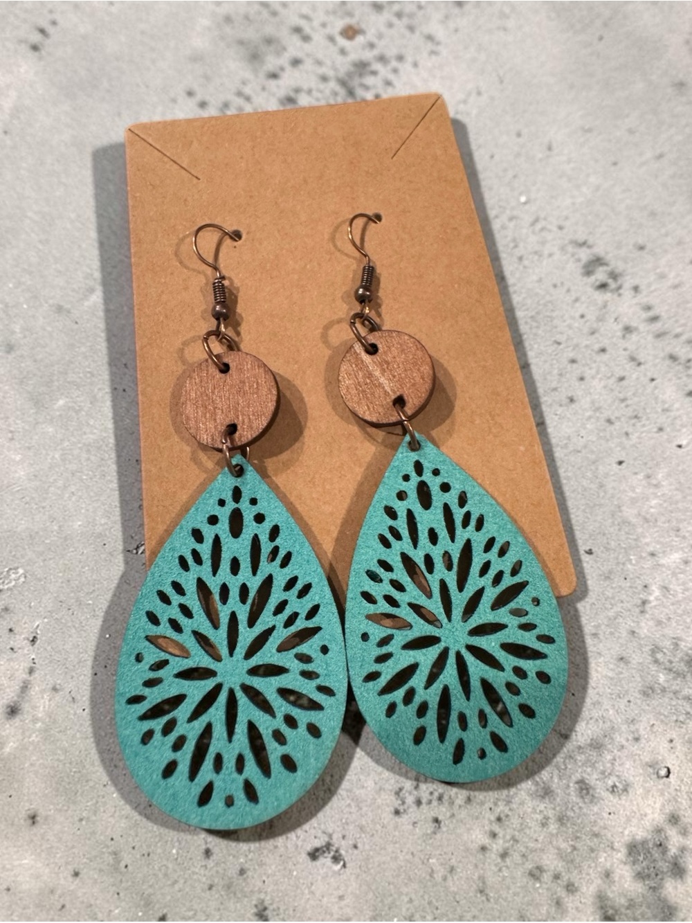 Teal Cutout Teardrop Wood and Leather Earrings
